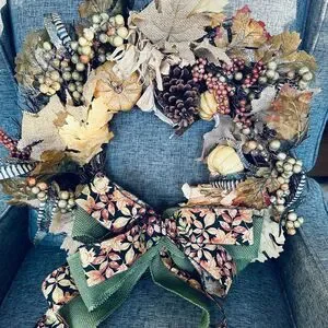 Gold Brown Rustic Fall Autumn Burlap Ribbon Leaves Wreath