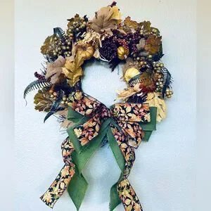 Gold Brown Rustic Fall Autumn Burlap Ribbon Leaves Wreath