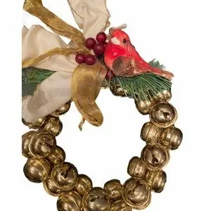 Gold Mini Jingle Bell Wreath Robin Christmas Door Decor Holiday Vintage