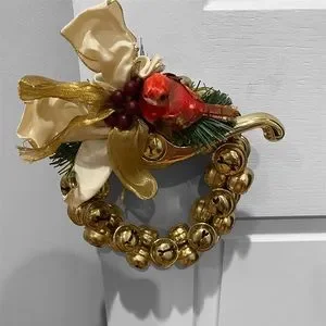 Gold Mini Jingle Bell Wreath Robin Christmas Door Decor Holiday Vintage