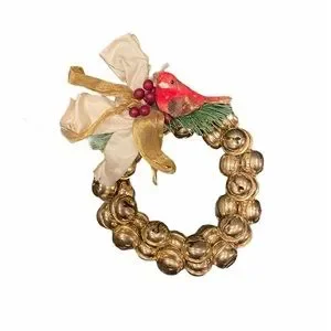 Gold Mini Jingle Bell Wreath Robin Christmas Door Decor Holiday Vintage