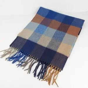 Grant Thomas Cashmere Large Checked Blue And Brown Scarf Unisex