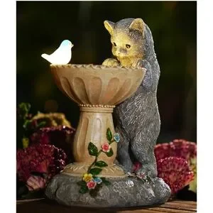 Gray Cat Bird Bath Garden Statue