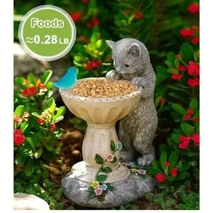 Gray Cat Bird Bath Garden Statue