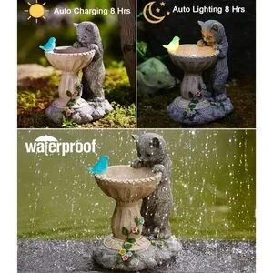 Gray Cat Bird Bath Garden Statue