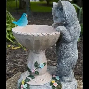 Gray Cat Bird Bath Garden Statue