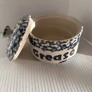 Grease Pot Folk Craft Sponge Stonewear‎ Blue Hearts By Tienshan Ceramic
