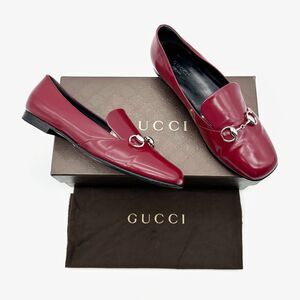GUCCI Kira Horsebit Red Loafer Size 38.5 Glossy Patent Leather Slip On Flats