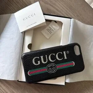 GUCCI Printed Logo Leather IPhone 8 Plus Case Black W/ Gift Box 549078-572353