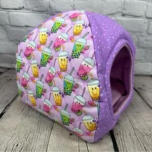 Guinea Pig Handmade Hut Bed Removable Pad Boba Tea Print Bearded Dragon Purple