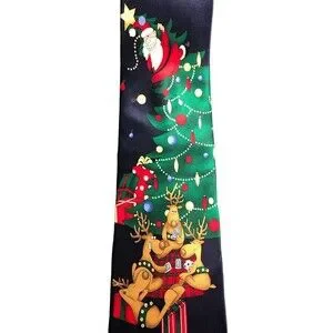 Hallmark Holiday Traditions‎ Christmas Tie 100% Silk By MMG Navy Blue
