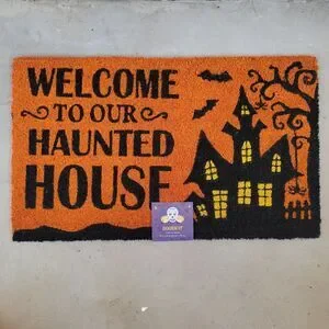 Halloween Welcome To Our Haunted House Outdoor Coir Doormat Mat 18x30 Orange Bla
