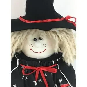 Halloween Witch Folk Art Decor Cute Fabric Cloth Broom Harvest Black Red