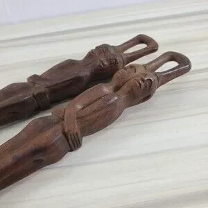 Hand Carved Wood Spoon Fork Set Salad Serving Utensils Grigg African Egyptian