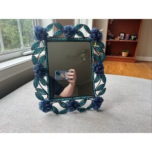Hand Crafted Beaded Floral Mirror Frame – Teal & Blue Glass Flowers Home Décor