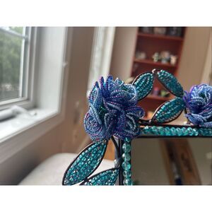 Hand Crafted Beaded Floral Mirror Frame – Teal & Blue Glass Flowers Home Décor