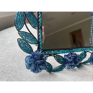 Hand Crafted Beaded Floral Mirror Frame – Teal & Blue Glass Flowers Home Décor