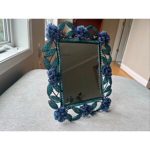 Hand crafted Beaded Floral Mirror Frame – Teal & Blue Glass Flowers Home Décor