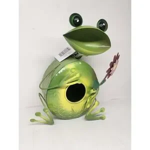 Hand Painted Rustic Metal Bird Houses Frog With Flower