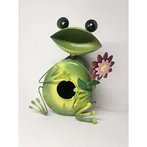 Hand Painted Rustic Metal Bird Houses Frog With Flower