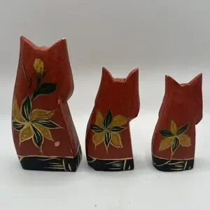 "Hand-Painted Wooden Cat Figurines – Laurel Burch Style – Folk Art Set Of 3"