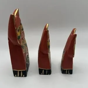 "Hand-Painted Wooden Cat Figurines – Laurel Burch Style – Folk Art Set Of 3"