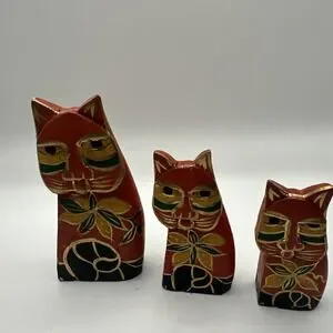 "Hand-Painted Wooden Cat Figurines – Laurel Burch Style – Folk Art Set of 3"