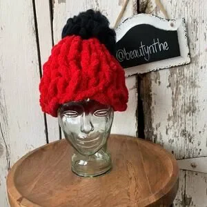 Handmade chunky knit hat with raw wool pom pom