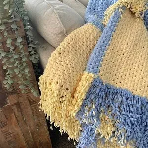 Handmade chunky knitted fringe blanket/throw. Soft yellow blue 35”x50”