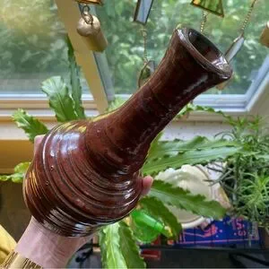 Handmade Pottery Flower Vase W. Red/Brown Glaze & Slender Neck