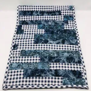 Handmade Quilted Table Runner Navy Blue Gingham w Paisley Stepping Blocks 38x13"