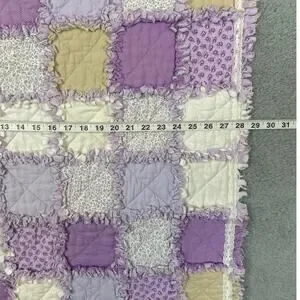 Handmade Vintage Quilt Rag Squares Purple Cream White Floral 29x42