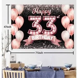 Happy 33rd Birthday Backdrop - Pink And Black Party Decoration