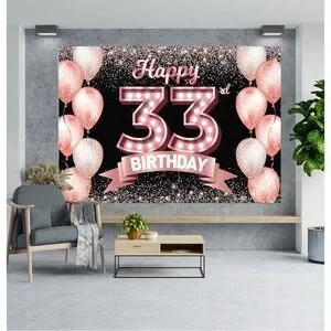 Happy 33rd Birthday Backdrop - Pink and Black Party Decoration