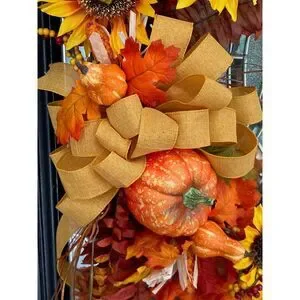 Harvest Fall Wreath With Sunflower's Leaves And Pumpkins