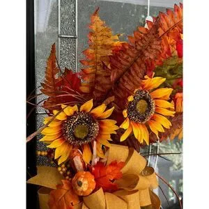 Harvest Fall Wreath With Sunflower's Leaves And Pumpkins