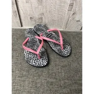 Havaianas Girls Size 2 Youth Flip Flops Black White Pink Leopard Print Sandals