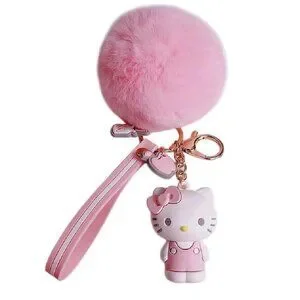 Hello Kitty Chunky Pom Pom Keychain Bag Pendant Keyring Jewelry Pink White NEW