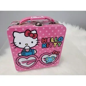 Hello Kitty Pink Small Tin Box Carry All With Polka Dots Lunchbox