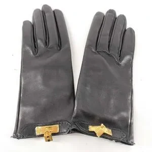 Hermès Kelly Black Leather Gloves with Gold Hardware - Size Medium
