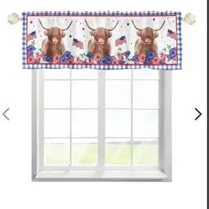 Highland Cow American Flags Flowers Kitchen Valances 54''X18'' Farm Yak Animal