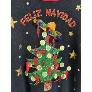 Holiday Time Feliz Navidad Christmas Sweater Women’s Large Pom Pom Fiesta