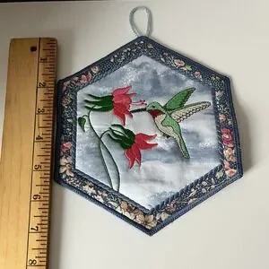 Humming Bird Embroidered Cloth Trivet Pot Holder Hanging Kitchen Decor 7" Floral
