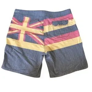 Hurley ~ Mens Gray And Red Board Shorts With Hawaiian Flag Design ~ Size 36