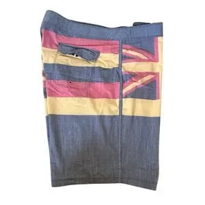 Hurley ~ Mens Gray And Red Board Shorts With Hawaiian Flag Design ~ Size 36
