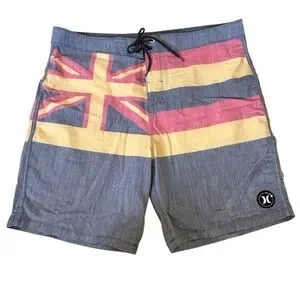 Hurley ~ Mens Gray and Red Board Shorts with Hawaiian Flag Design ~ size 36