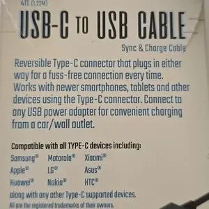 InfiniTek Black USB-C To USB Sync & Charge Cable 4 Ft Smart Phone/Tablet/Laptop