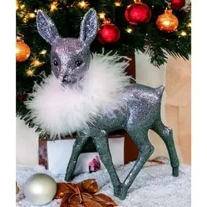 Inscha Deko Handwerk Germany Gray Glitter Deer Fawn Figurine Christmas Decor