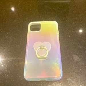 Iridescent Opal IPhone 11 Pro Max Phone Case With Attached Heart Phone Ring