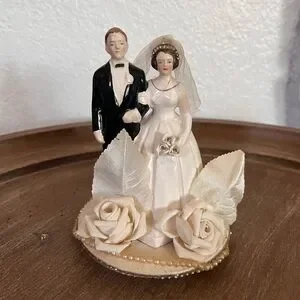 Ivory and Black Vintage Wedding Cake Topper with Porcelain Bride and Groom